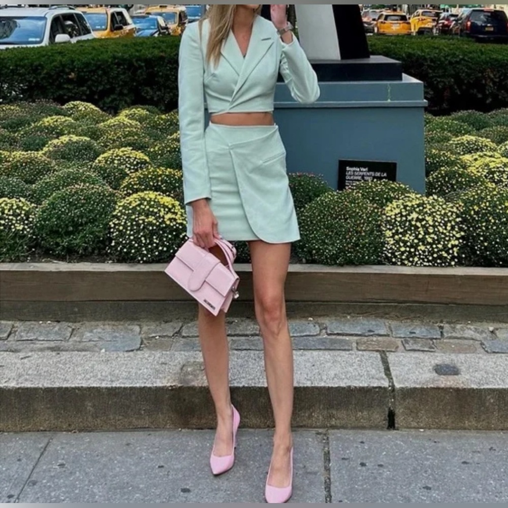 Zara Mint Green Cropped Blazer and Mini Skirt Set with Pink Accessories